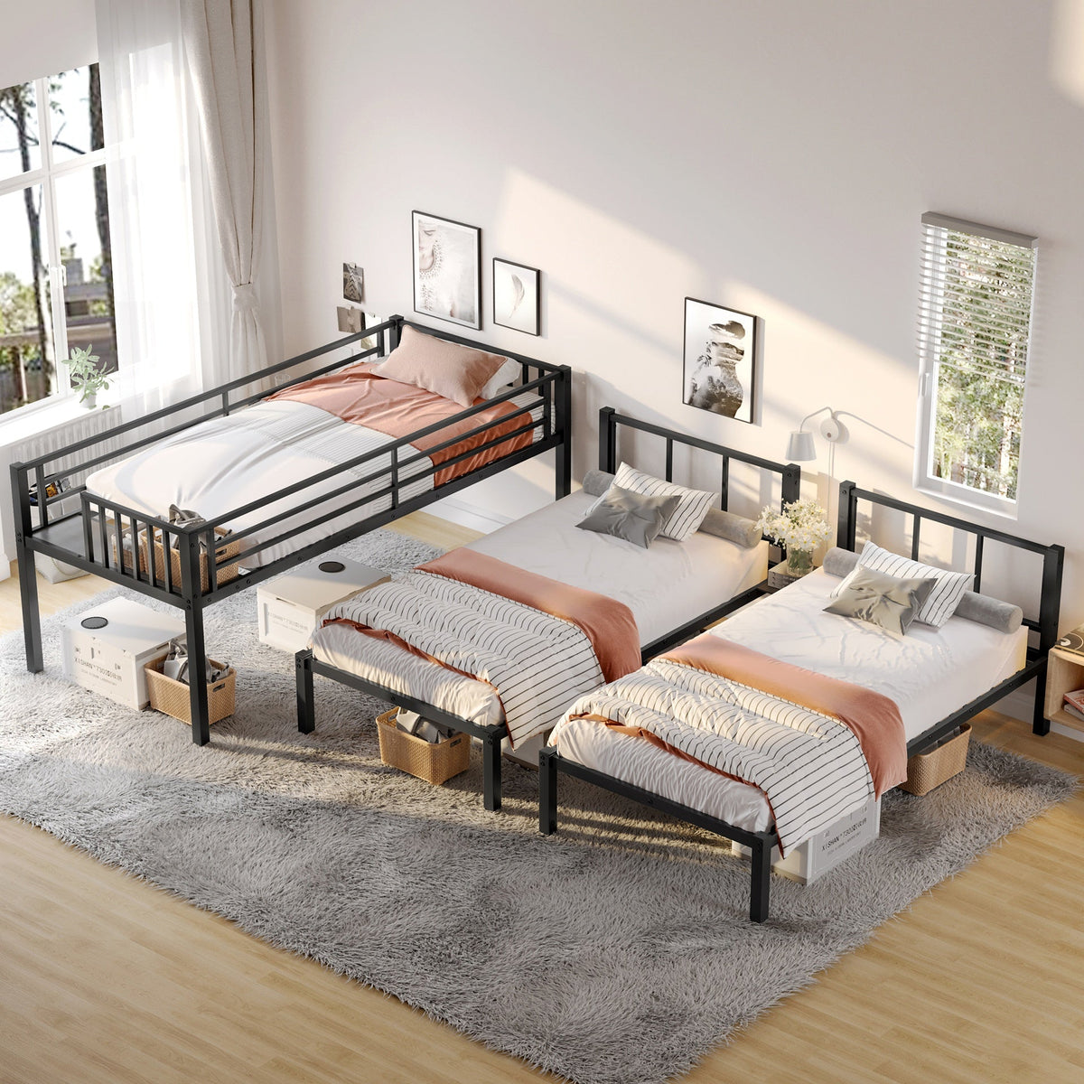 Twin over Twin & Twin Bunk Beds for 3, Twin XL over Twin & Twin Bunk Bed Metal Triple Bunk Bed, Black