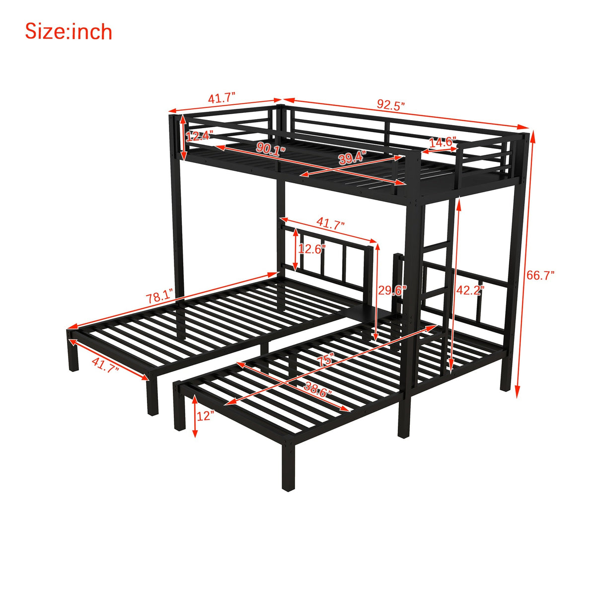 Twin over Twin & Twin Bunk Beds for 3, Twin XL over Twin & Twin Bunk Bed Metal Triple Bunk Bed, Black