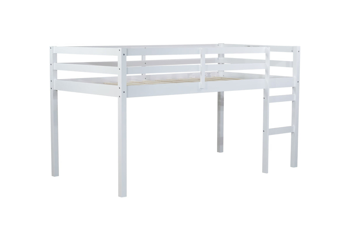 Solid Wooden, Rubber Wooden Twin Loft Bed with Ladder, Bed Platform of Strengthened Slats , White