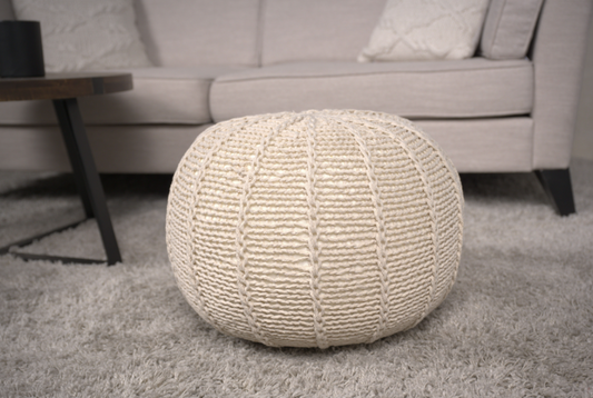 Bordeaux  Knitted Cotton Round Pouf, Beige