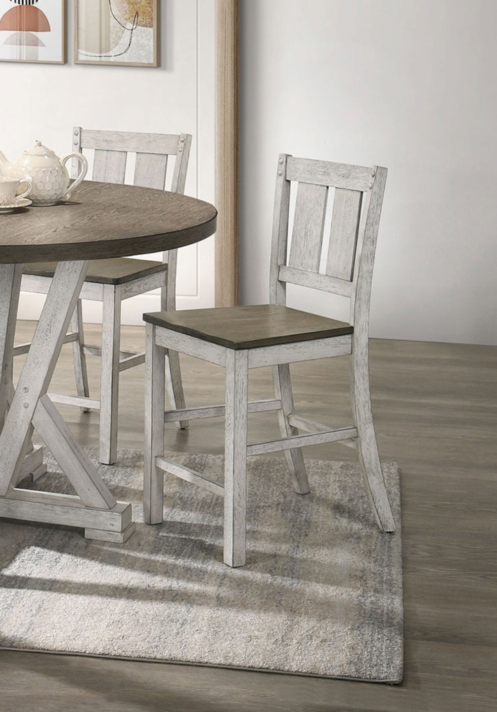 Antique White Finish Solid wood Farmhouse Design Kitchen Set of 2pc Counter Height Dining Chairs Slat Back Chairs Dining Room