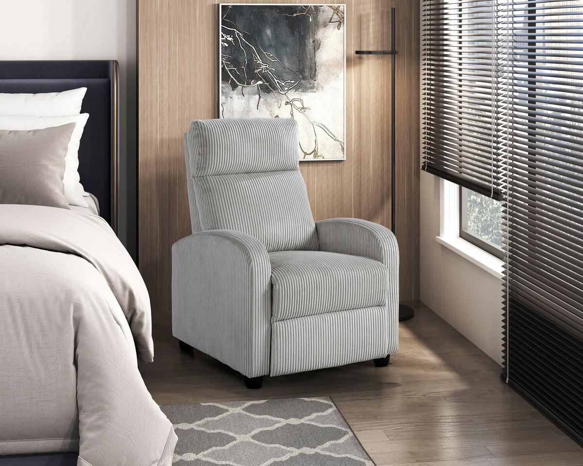 Modern Push Back Recliner Chair Light Gray Soft Corduroy Upholstery Comfort Solid Wood Living Room Furniture 1pc