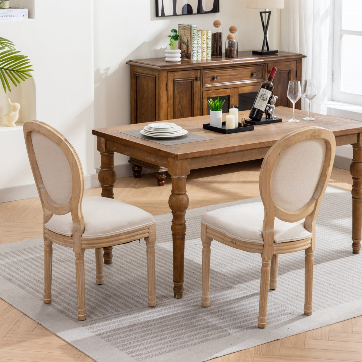 A&A Furniture,French Style Solid Wood Frame Antique Painting Linen Fabric Back Dining Chair,Set of 2,Beige,SW1845BG