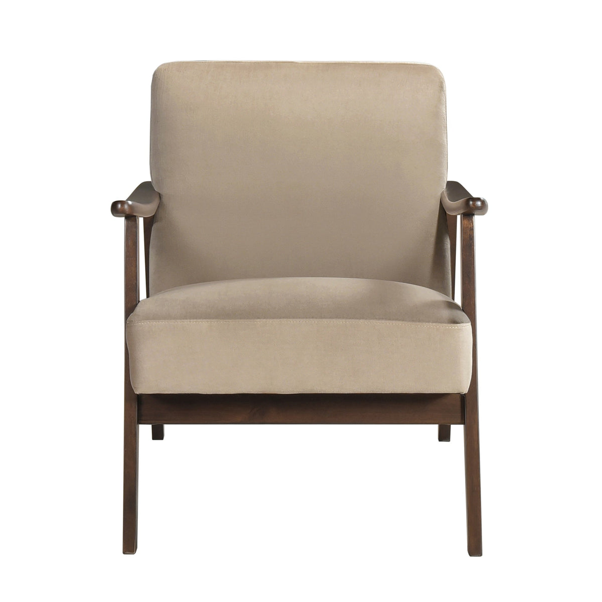 Mid-Century Modern Design 1pc Accent Chair Light Brown Velvet Upholstery Dark Walnut Finish Wood, High-Resiliency Foam Cushions