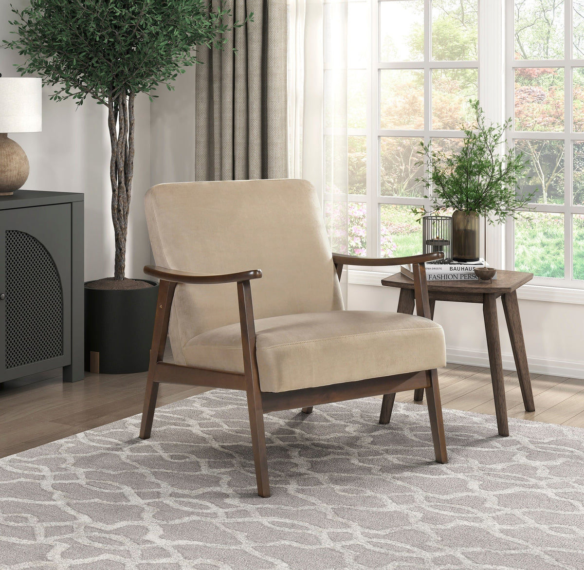 Mid-Century Modern Design 1pc Accent Chair Light Brown Velvet Upholstery Dark Walnut Finish Wood, High-Resiliency Foam Cushions
