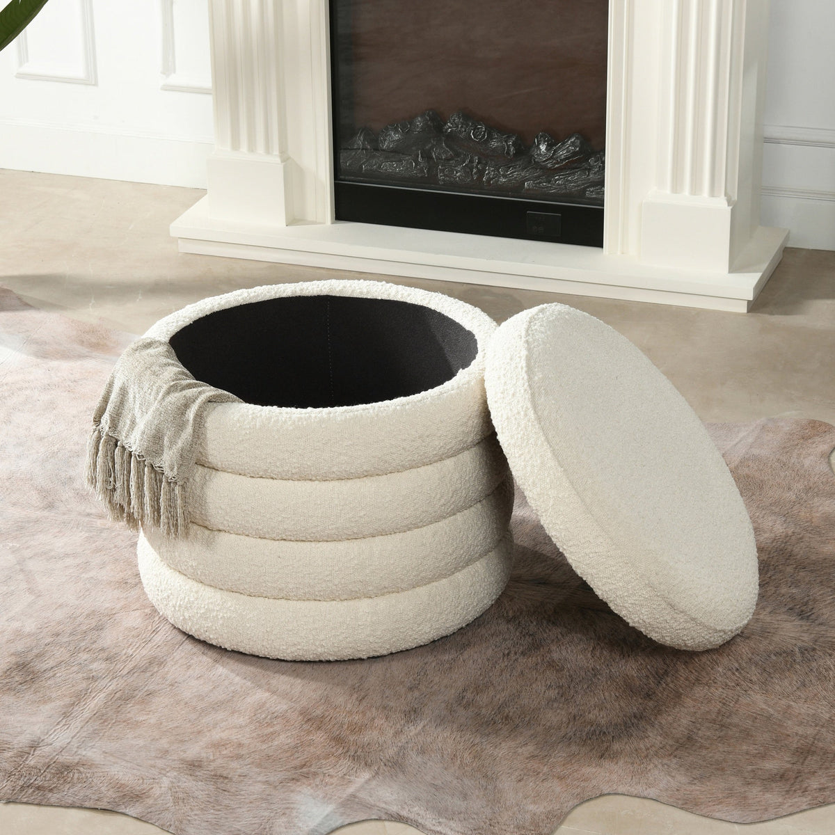 Fuji 19" Oversized Round Storage Ottoman, Ivory White Boucle