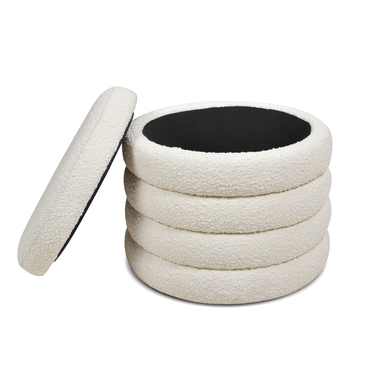 Fuji 19" Oversized Round Storage Ottoman, Ivory White Boucle