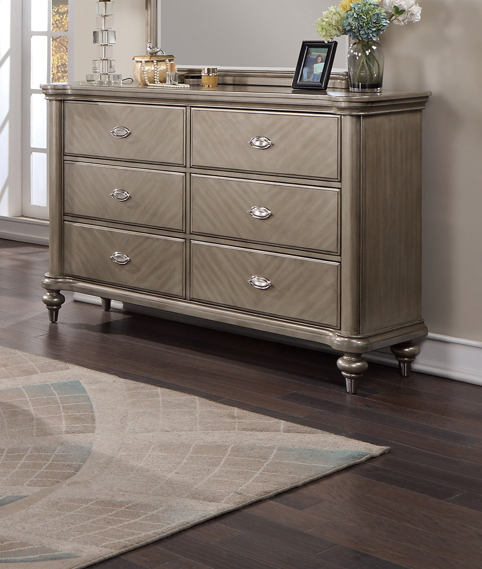 Luxury Antique Silver / Champagne Finish Dresser w Mirror Storage Space Drawers Bedroom Furniture