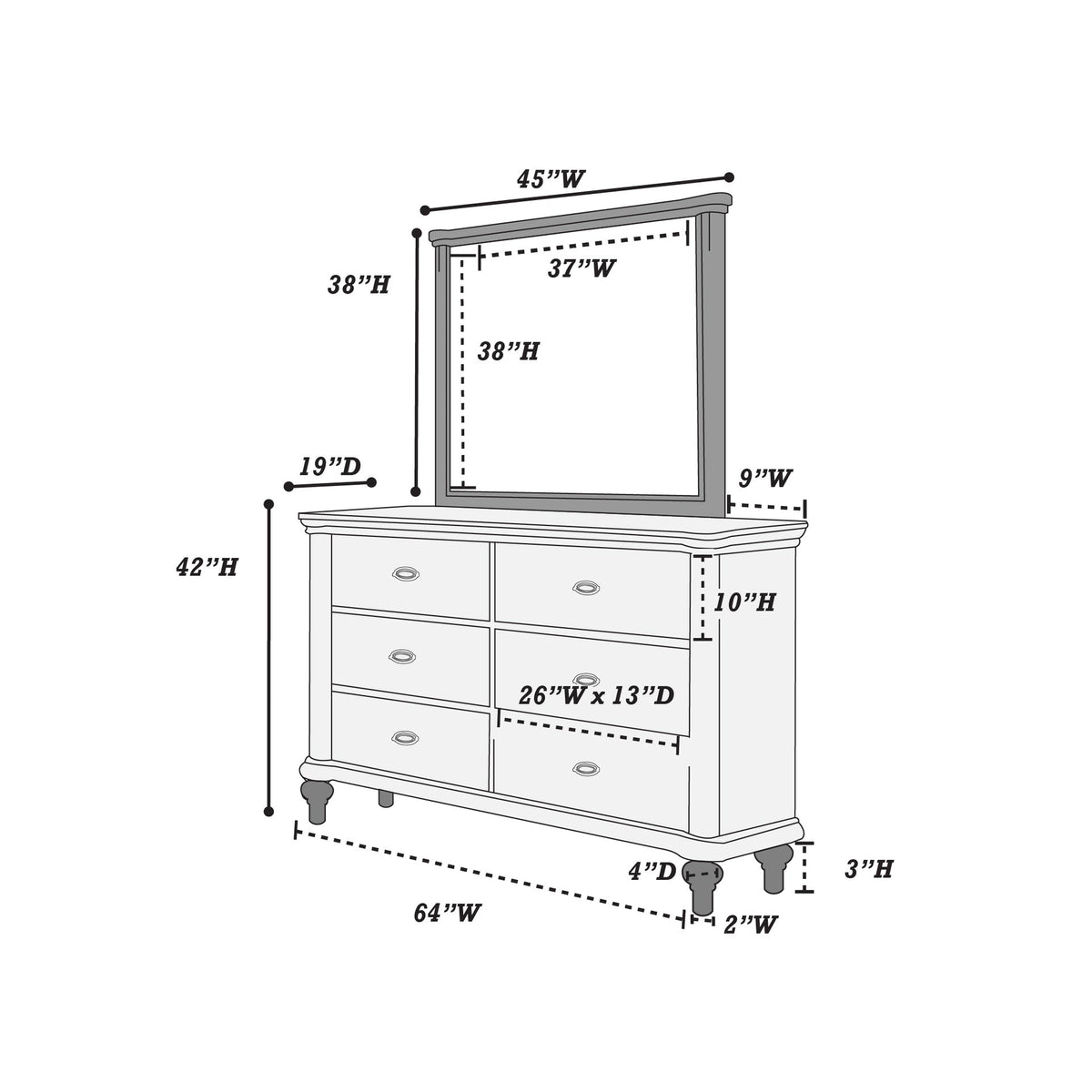 Luxury Antique Silver / Champagne Finish Dresser w Mirror Storage Space Drawers Bedroom Furniture