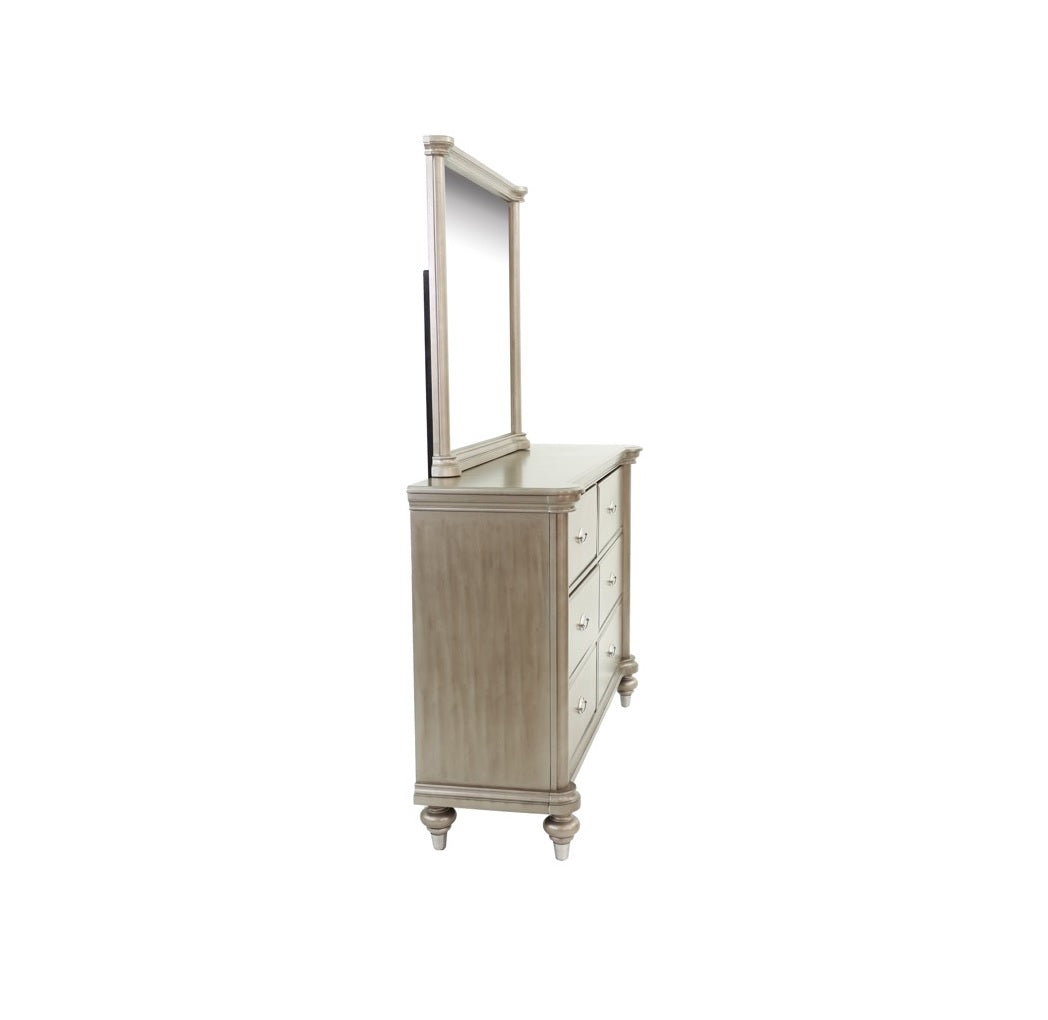 Luxury Antique Silver / Champagne Finish Dresser w Mirror Storage Space Drawers Bedroom Furniture