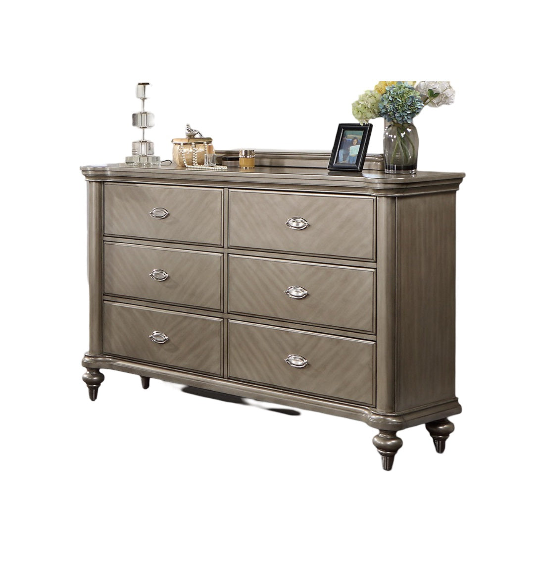Luxury Antique Silver / Champagne Finish Dresser w Mirror Storage Space Drawers Bedroom Furniture