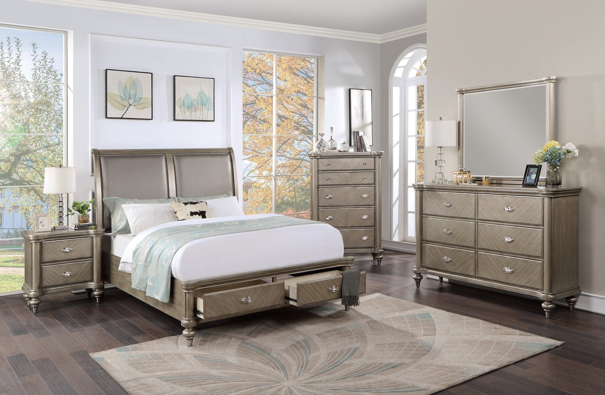 Luxury Antique Silver / Champagne Finish Dresser w Mirror Storage Space Drawers Bedroom Furniture