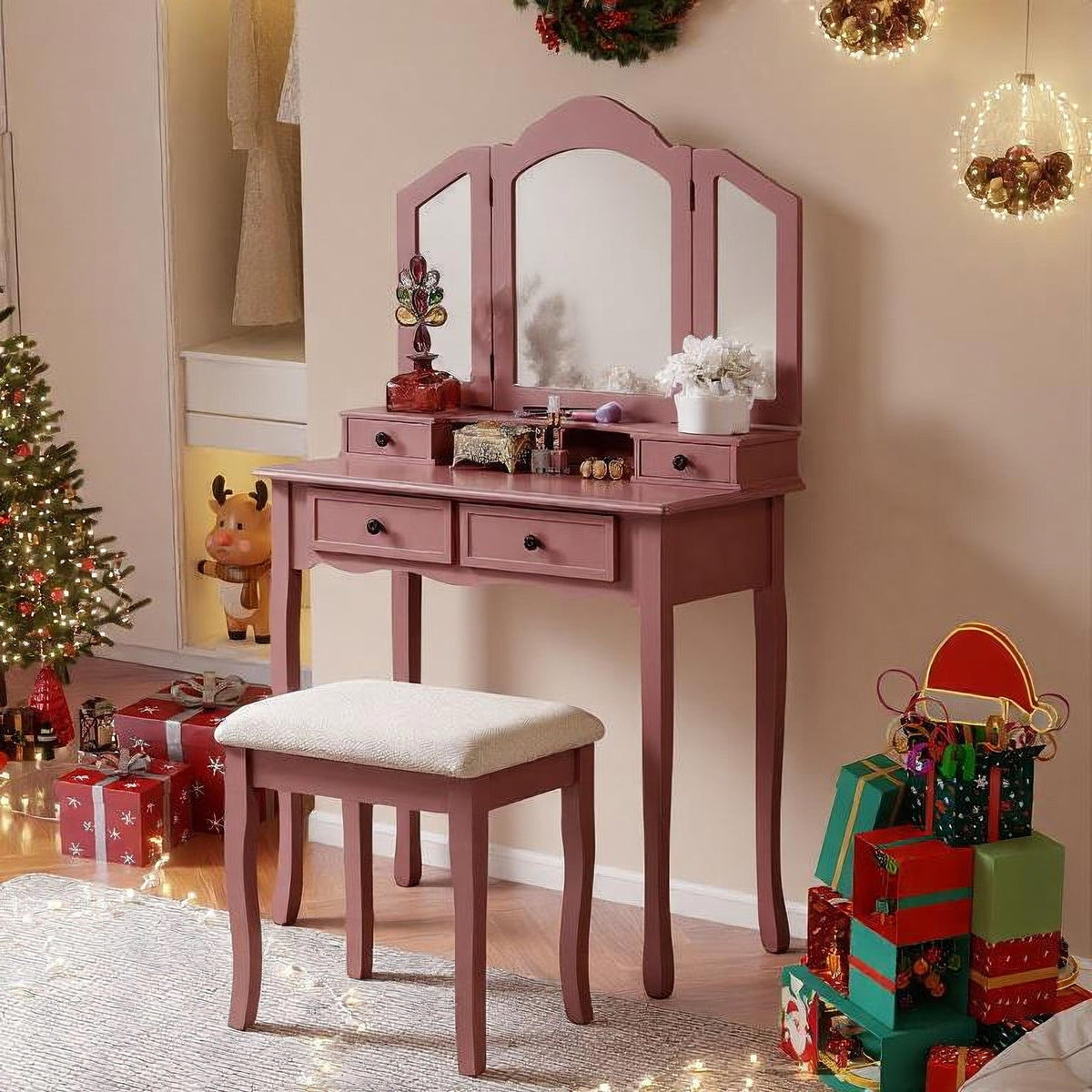 Sanlo Wooden Vanity Make Up Table and Stool Set, Rose Gold