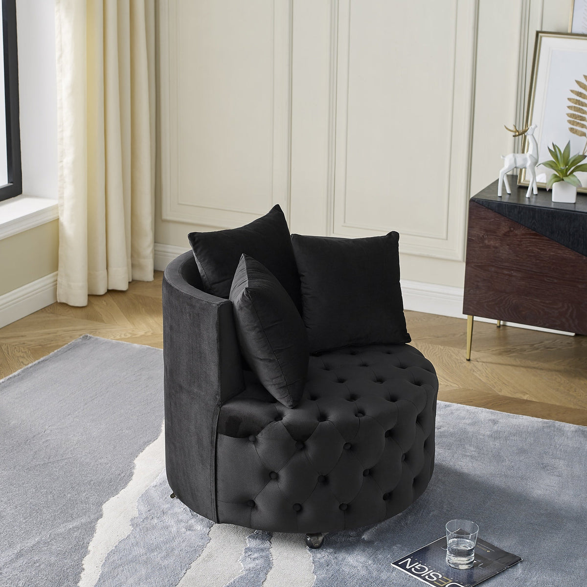Velvet Upholstered Swivel Chair for Living Room, with Button Tufted Design and Movable Wheels, Including 3 Pillows, Black