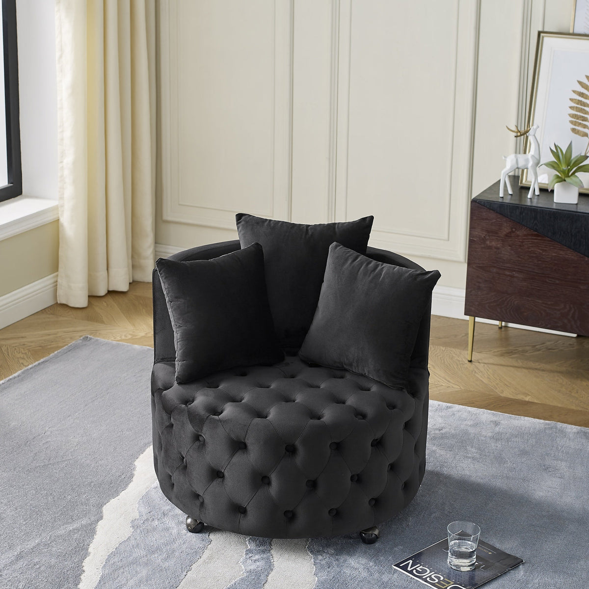 Velvet Upholstered Swivel Chair for Living Room, with Button Tufted Design and Movable Wheels, Including 3 Pillows, Black