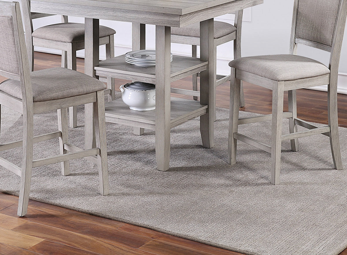 Dining Room Furniture Counter Height 5pc Set Square Table w Shelves Cushion Chairs Modern Style Rustic Grey