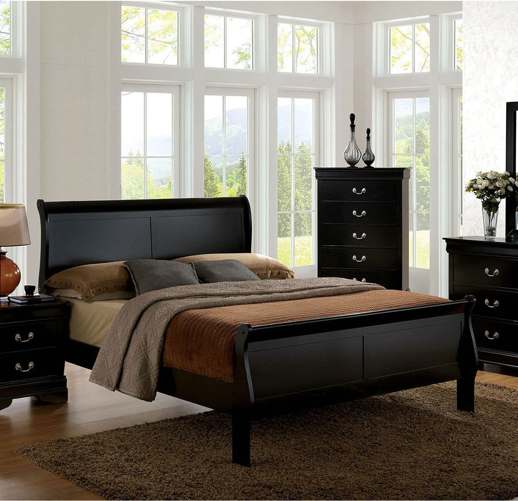 Queen Size Bed Black Louis Phillipe Solidwood 1pc Bed Bedroom Sleigh Bed Contemporary Style