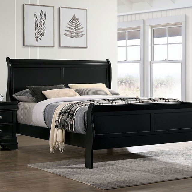 Queen Size Bed Black Louis Phillipe Solidwood 1pc Bed Bedroom Sleigh Bed Contemporary Style