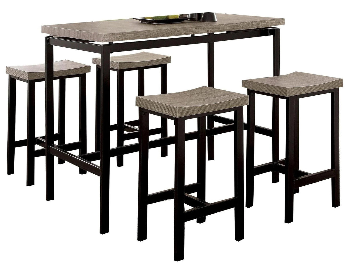 5 Pc Counter Height Table Set Two Tone Design Black Gray Dining Chairs Sturdy Metal Construction PVC Table Top Dining Room Furniture