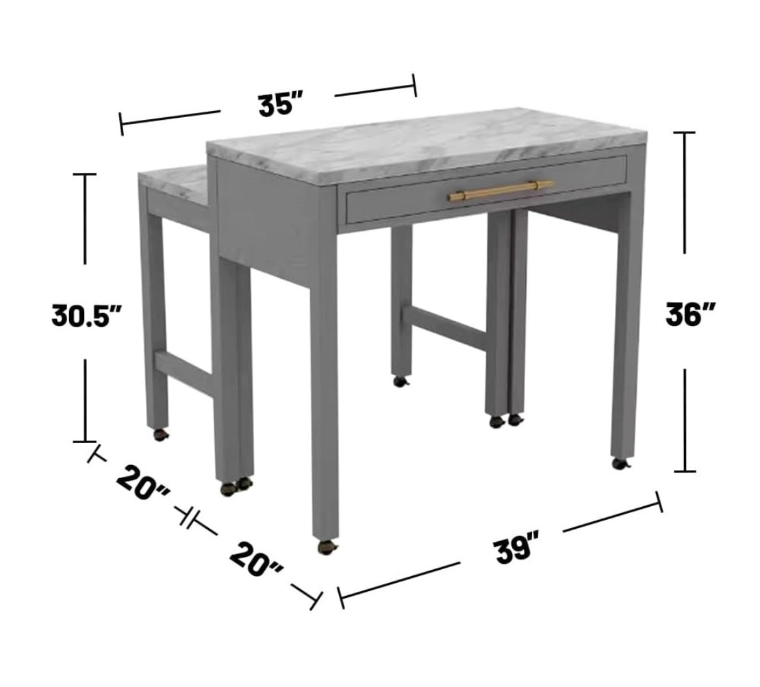 Rustic 5pc Dining Set Counter Height Dining Table w Storage drawer Faux Marble Top 4x Stools Light Gray Dining Room Furniture