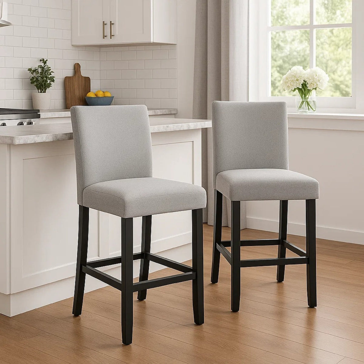 Riac Set of 2 Counter Height Chairs, Black Wood, Dove Gray Fabric Seat