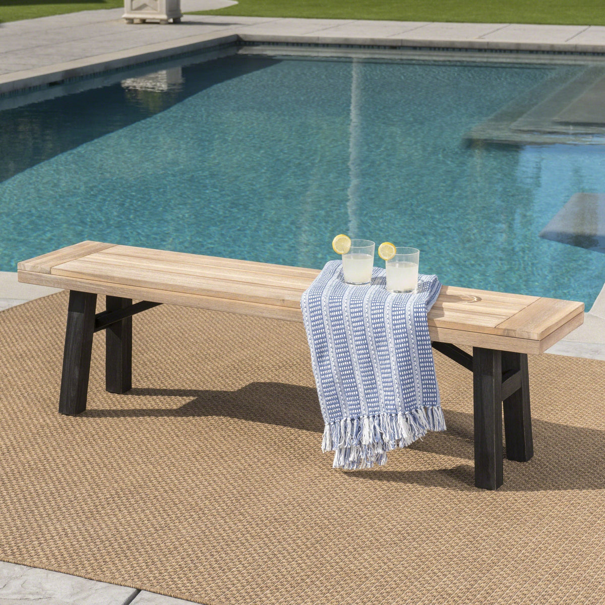 Outdoor Bench with Slat Panel Design and Acacia Wood Frame, Natural and Grey