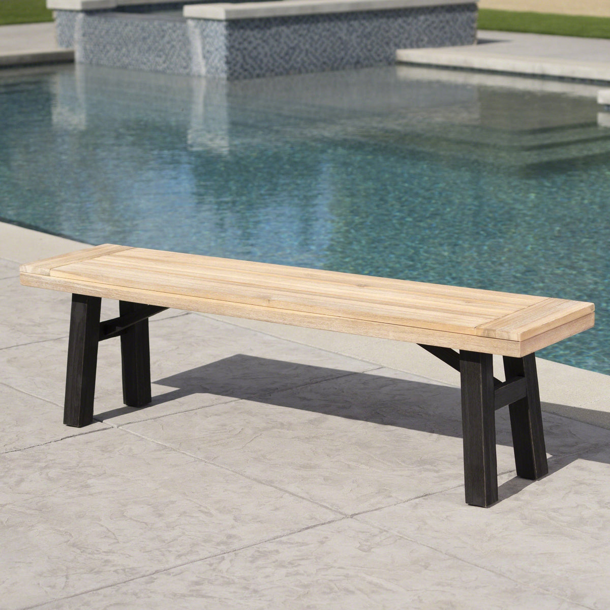 Outdoor Bench with Slat Panel Design and Acacia Wood Frame, Natural and Grey