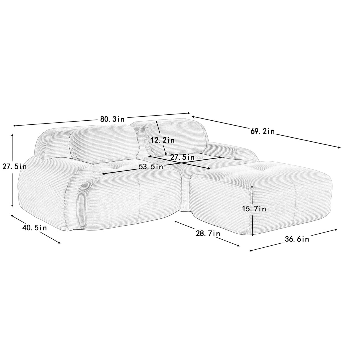 82'' L-shaped sofa in softCorduroy Fabric fabric modular design multiple combinations curved armrests no assembly required high-resilience sponge suitable for living rooms rest areas bedroom,Black