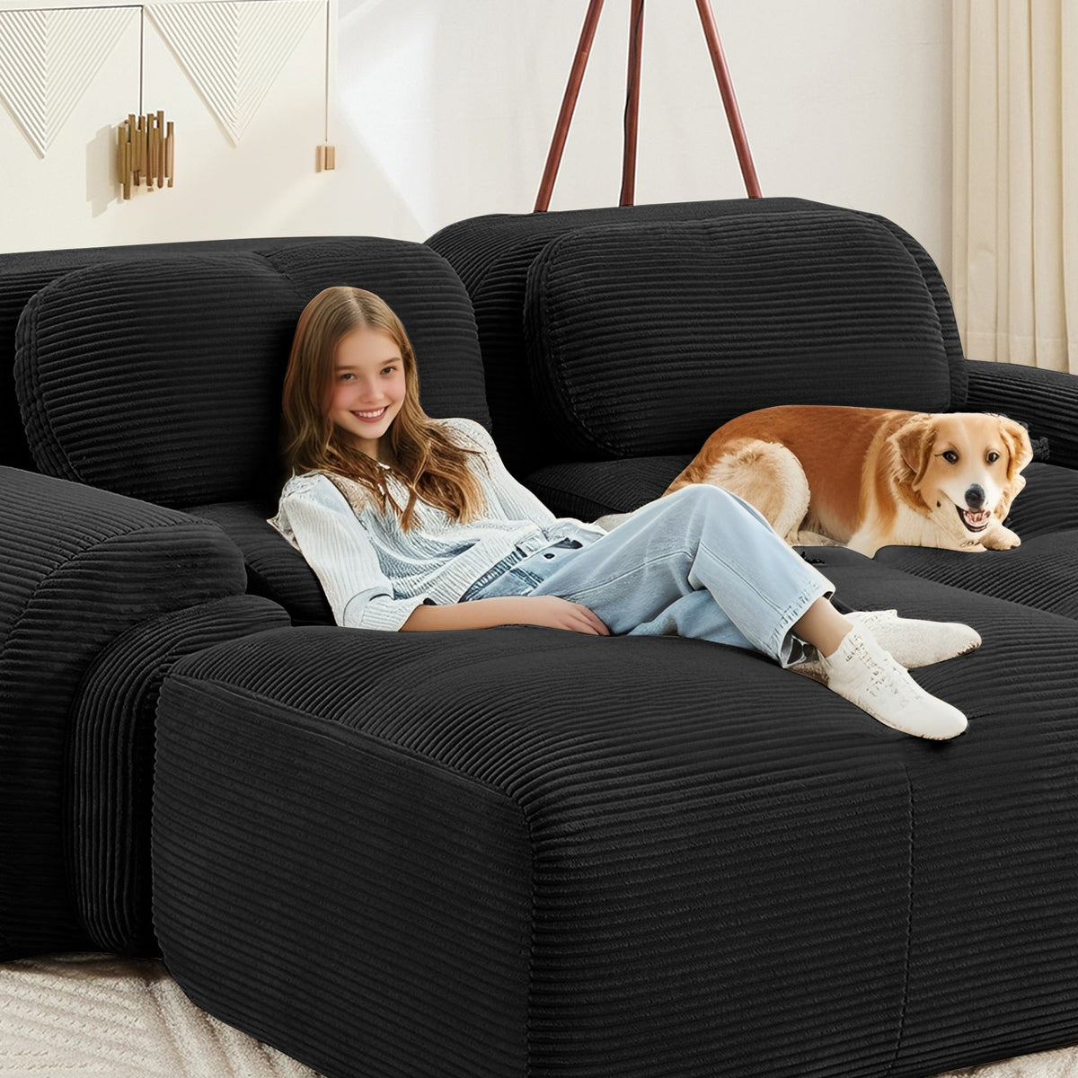 82'' L-shaped sofa in softCorduroy Fabric fabric modular design multiple combinations curved armrests no assembly required high-resilience sponge suitable for living rooms rest areas bedroom,Black
