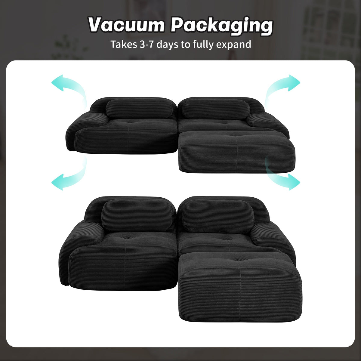 82'' L-shaped sofa in softCorduroy Fabric fabric modular design multiple combinations curved armrests no assembly required high-resilience sponge suitable for living rooms rest areas bedroom,Black