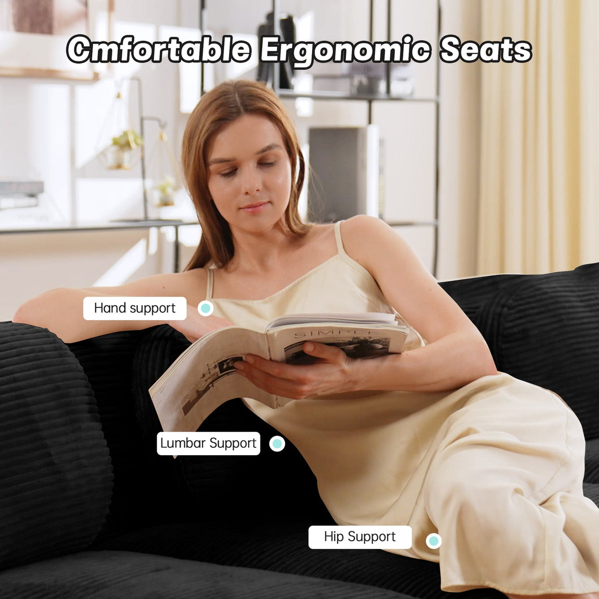 82'' L-shaped sofa in softCorduroy Fabric fabric modular design multiple combinations curved armrests no assembly required high-resilience sponge suitable for living rooms rest areas bedroom,Black