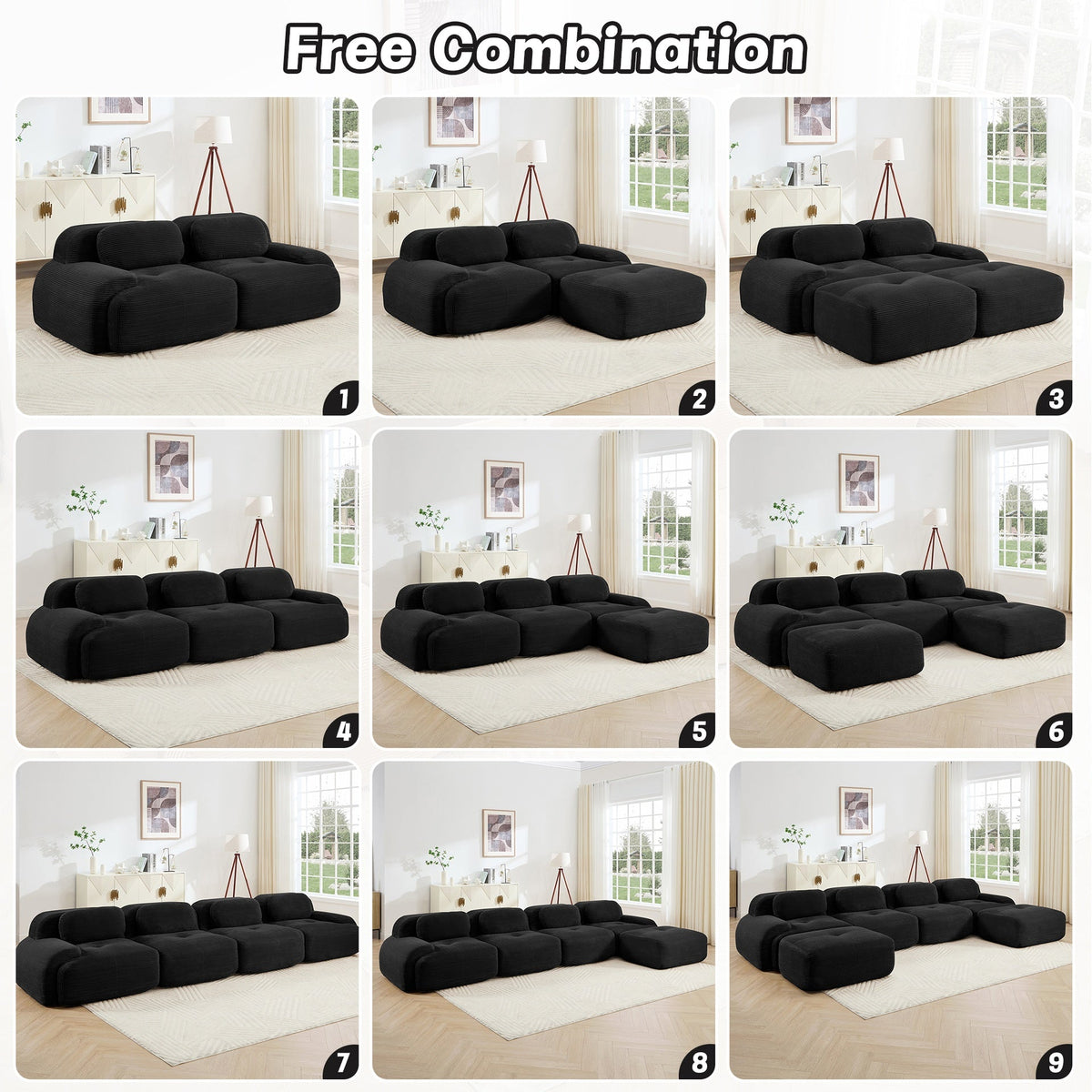 82'' L-shaped sofa in softCorduroy Fabric fabric modular design multiple combinations curved armrests no assembly required high-resilience sponge suitable for living rooms rest areas bedroom,Black