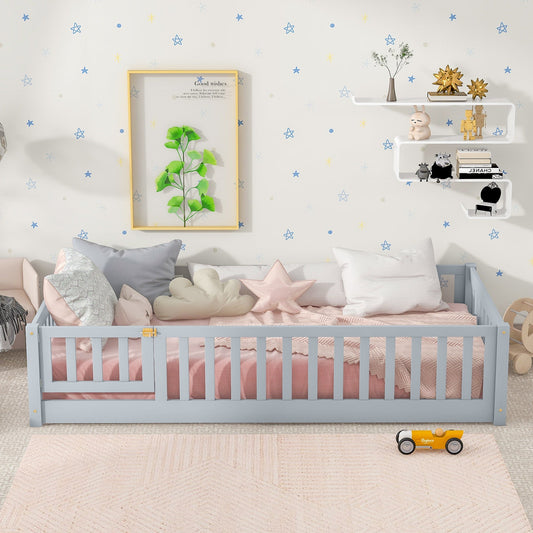 Twin Size Floor Bed with Fence and Door,Rubber Wood Floor Bed with Safety Guardrails,Grey