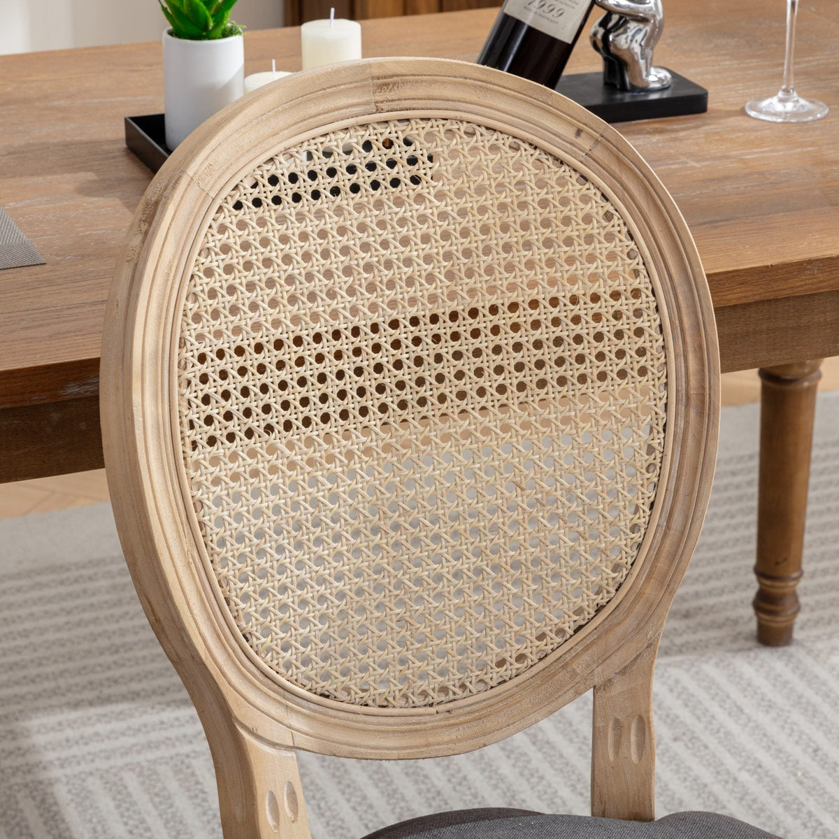 A&A Furniture,French Style Solid Wood Frame Antique Painting Linen Fabric Rattan Back Dining Chair,Set of 2,Cream,Beige