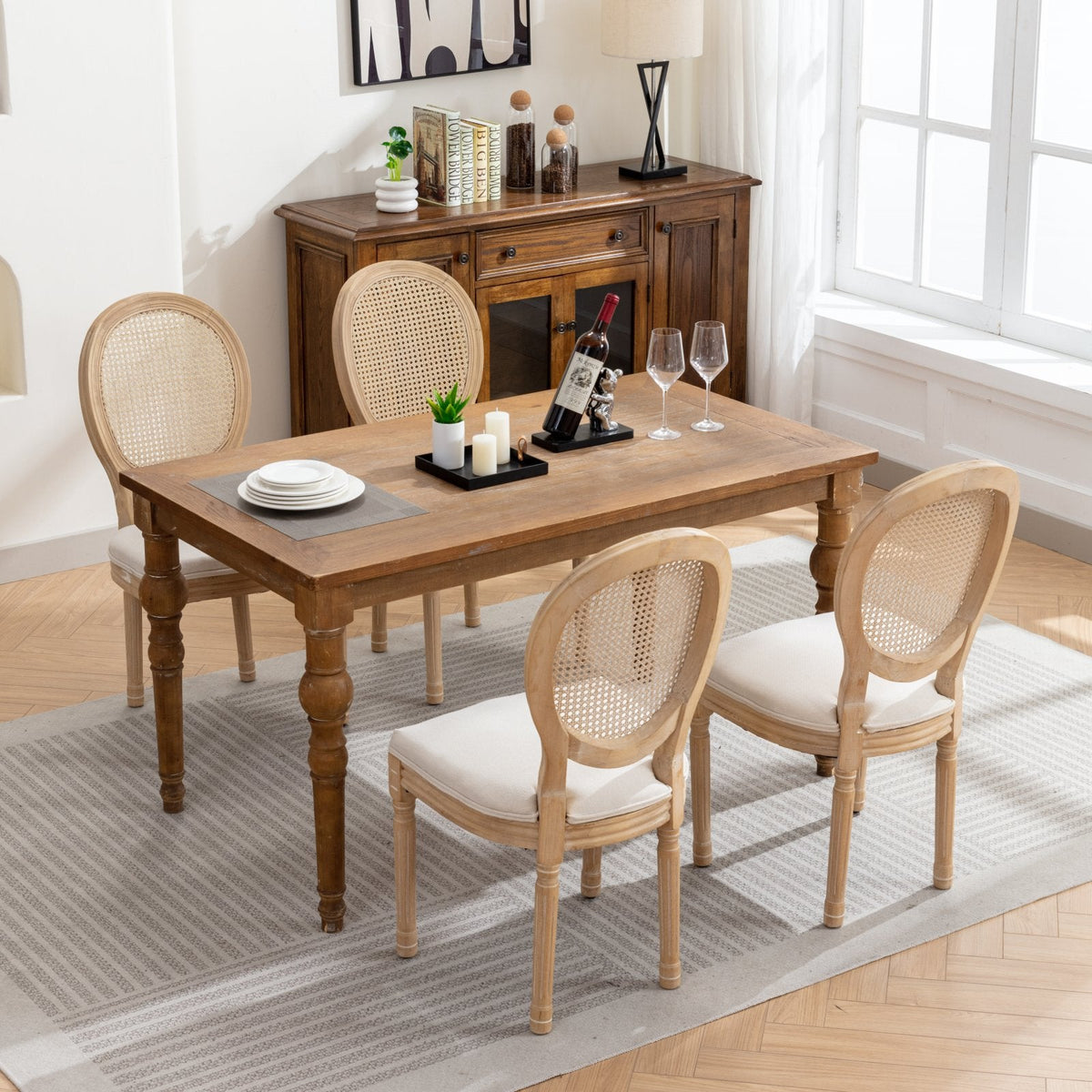 A&A Furniture,French Style Solid Wood Frame Antique Painting Linen Fabric Rattan Back Dining Chair,Set of 2,Cream,Beige