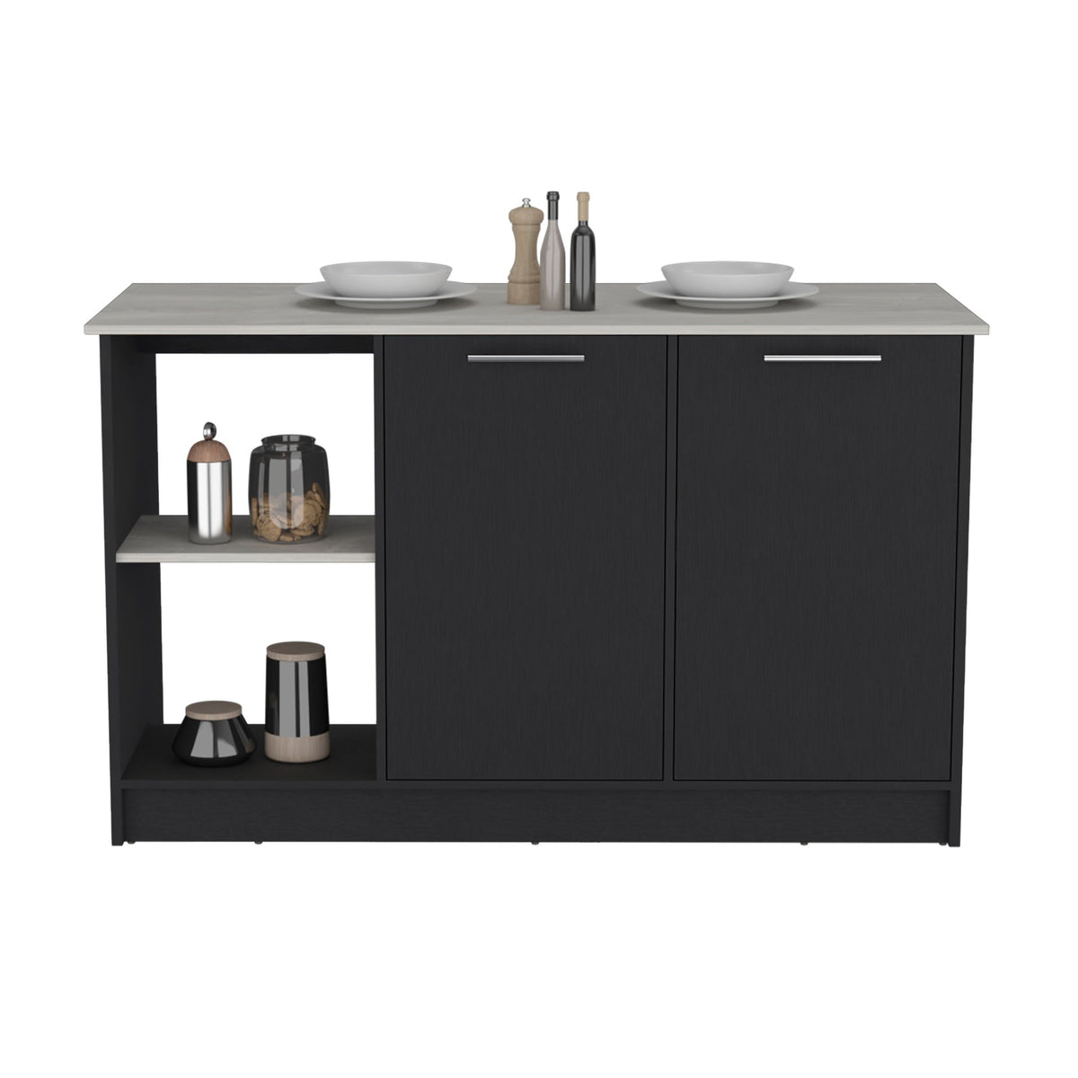 Kitchen Island with Large Countertop, Open Storage Shelves and Double Door Cabinet, Black / Onyx