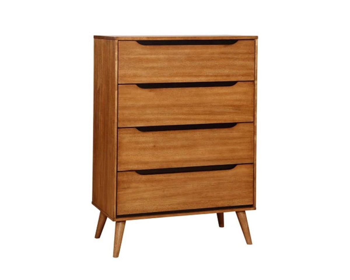 1pc Chest Modern Mid-Century Style Recessed Drawers Handle Tapered Round Legs Four Drawers Oak Finish