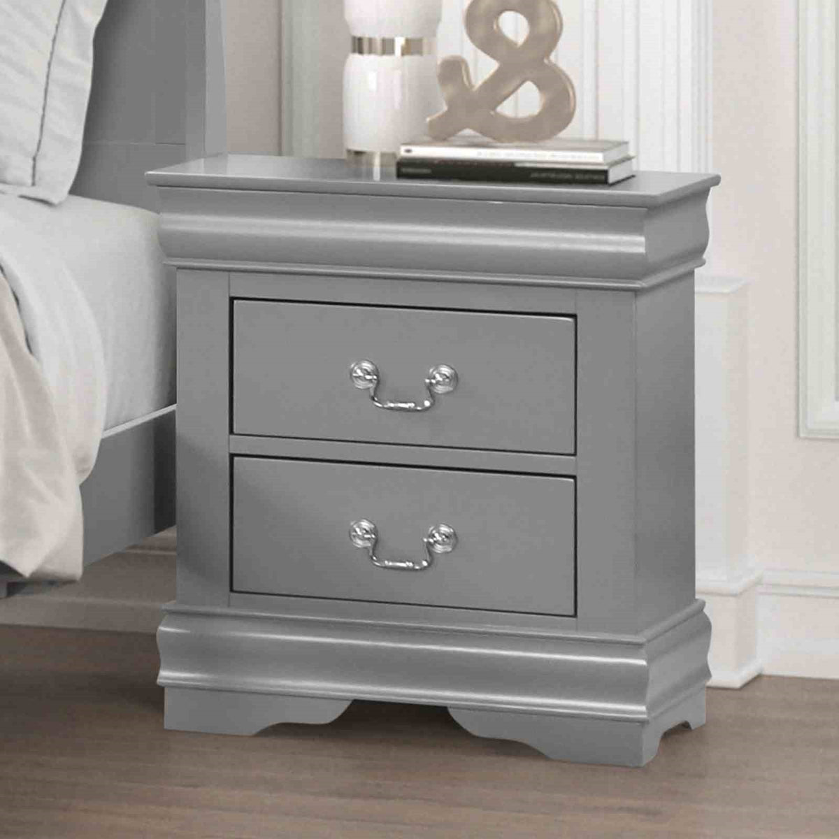Gray Finish Nightstand 1pc Bracket Legs Dovetail Drawers Hanging Handles Transitional White Finish Bedroom Furniture