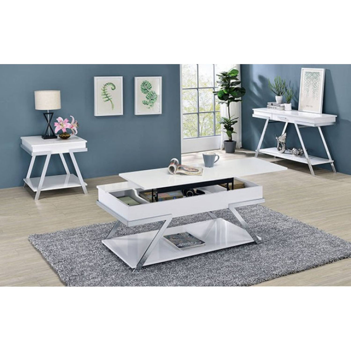 Contemporary Style White 1pc End Table High Gloss Finish Chrome Frame Gorgeous Living Room Furniture