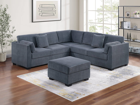 L-Sectional RAF/LAF One Arm-Loveseat Corner Wedge Cocktail Ottoman Dark Gray Corduroy Upholstered Pillows 4pc Sectional Sofa Set