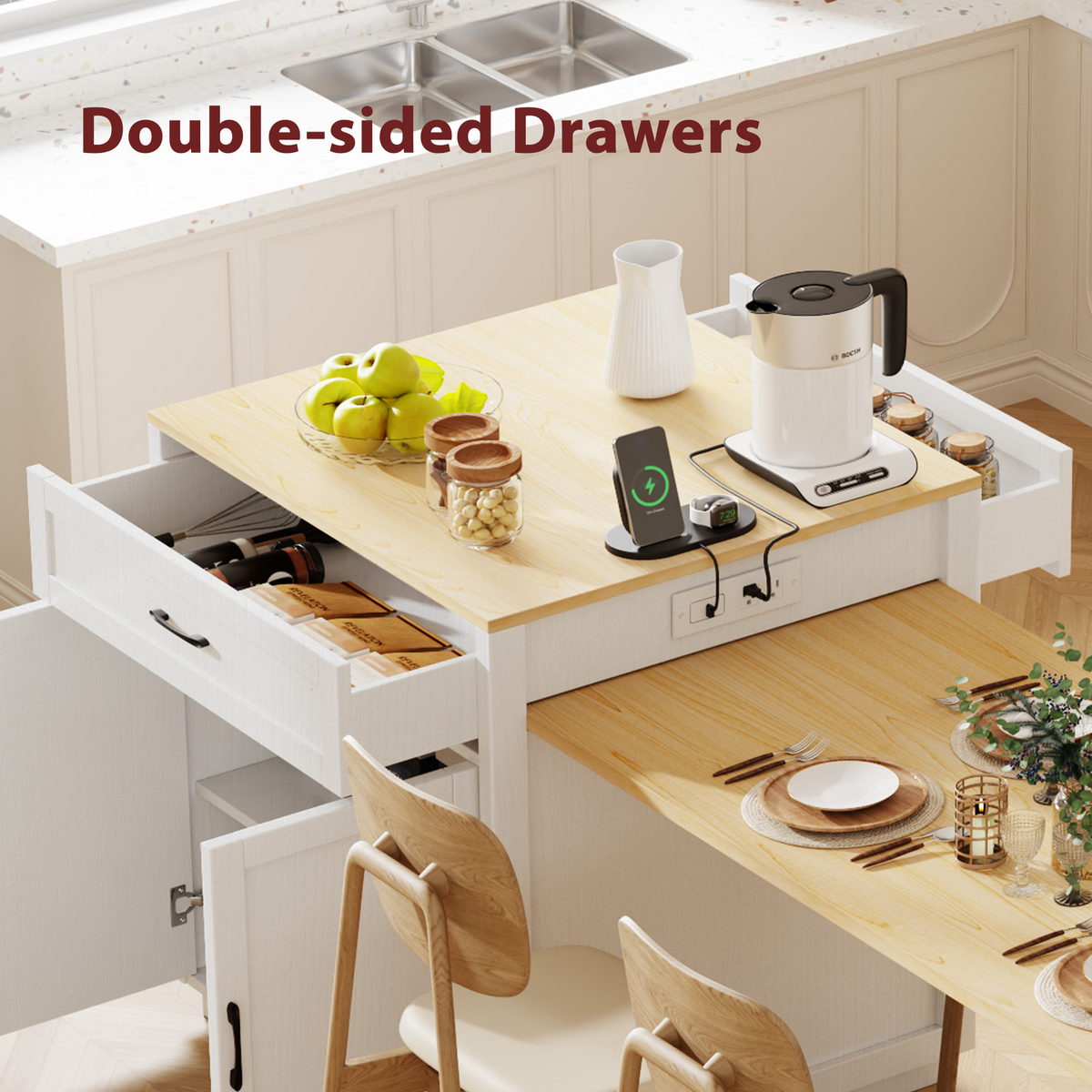 K&K 82.7 inch Kitchen Island with Extendable Dining Table for 4-6 Person,Two-tone Kitchen Table with Double-sized Storage, Power Outlet, Kitchen island with Storage 2 Drawers 2 Side Open Shelves,White