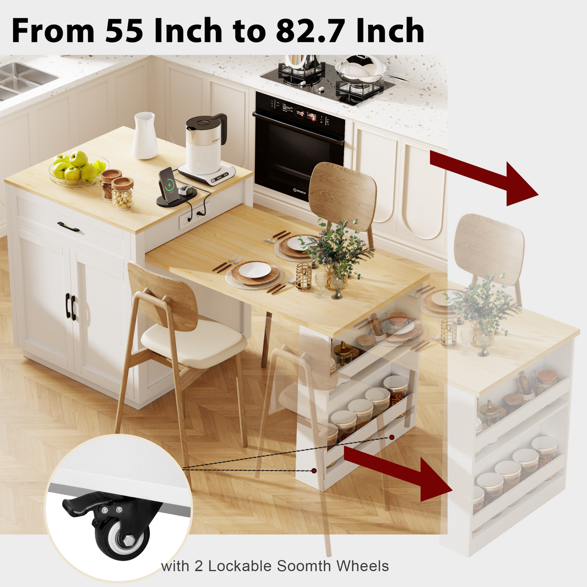K&K 82.7 inch Kitchen Island with Extendable Dining Table for 4-6 Person,Two-tone Kitchen Table with Double-sized Storage, Power Outlet, Kitchen island with Storage 2 Drawers 2 Side Open Shelves,White