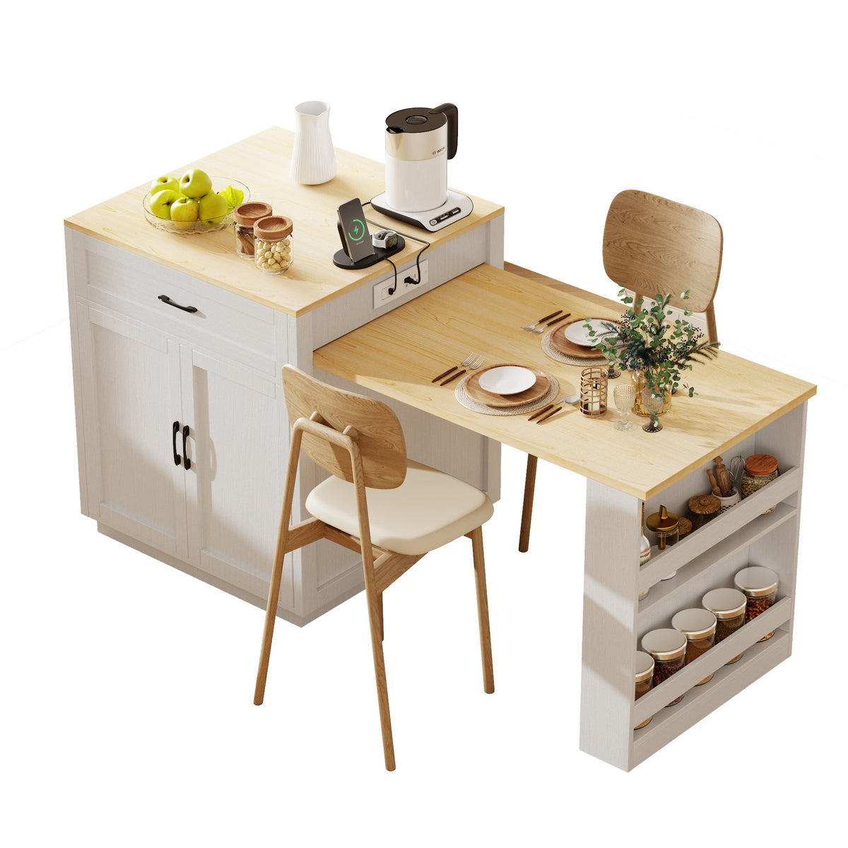 K&K 82.7 inch Kitchen Island with Extendable Dining Table for 4-6 Person,Two-tone Kitchen Table with Double-sized Storage, Power Outlet, Kitchen island with Storage 2 Drawers 2 Side Open Shelves,White