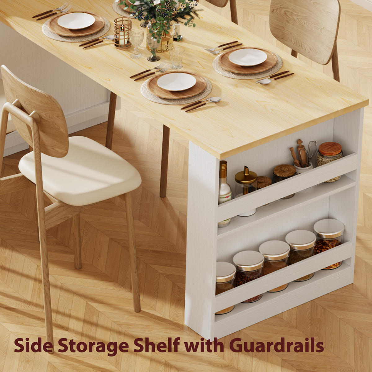 K&K 82.7 inch Kitchen Island with Extendable Dining Table for 4-6 Person,Two-tone Kitchen Table with Double-sized Storage, Power Outlet, Kitchen island with Storage 2 Drawers 2 Side Open Shelves,White