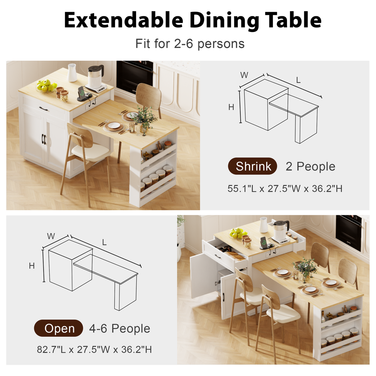 K&K 82.7 inch Kitchen Island with Extendable Dining Table for 4-6 Person,Two-tone Kitchen Table with Double-sized Storage, Power Outlet, Kitchen island with Storage 2 Drawers 2 Side Open Shelves,White