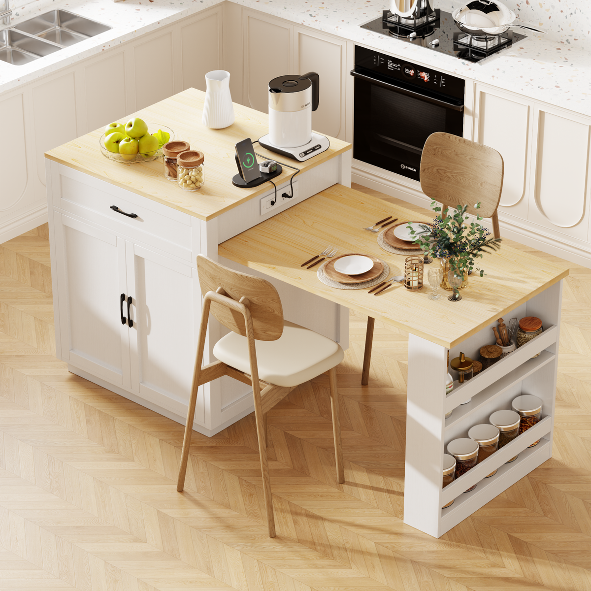 K&K 82.7 inch Kitchen Island with Extendable Dining Table for 4-6 Person,Two-tone Kitchen Table with Double-sized Storage, Power Outlet, Kitchen island with Storage 2 Drawers 2 Side Open Shelves,White