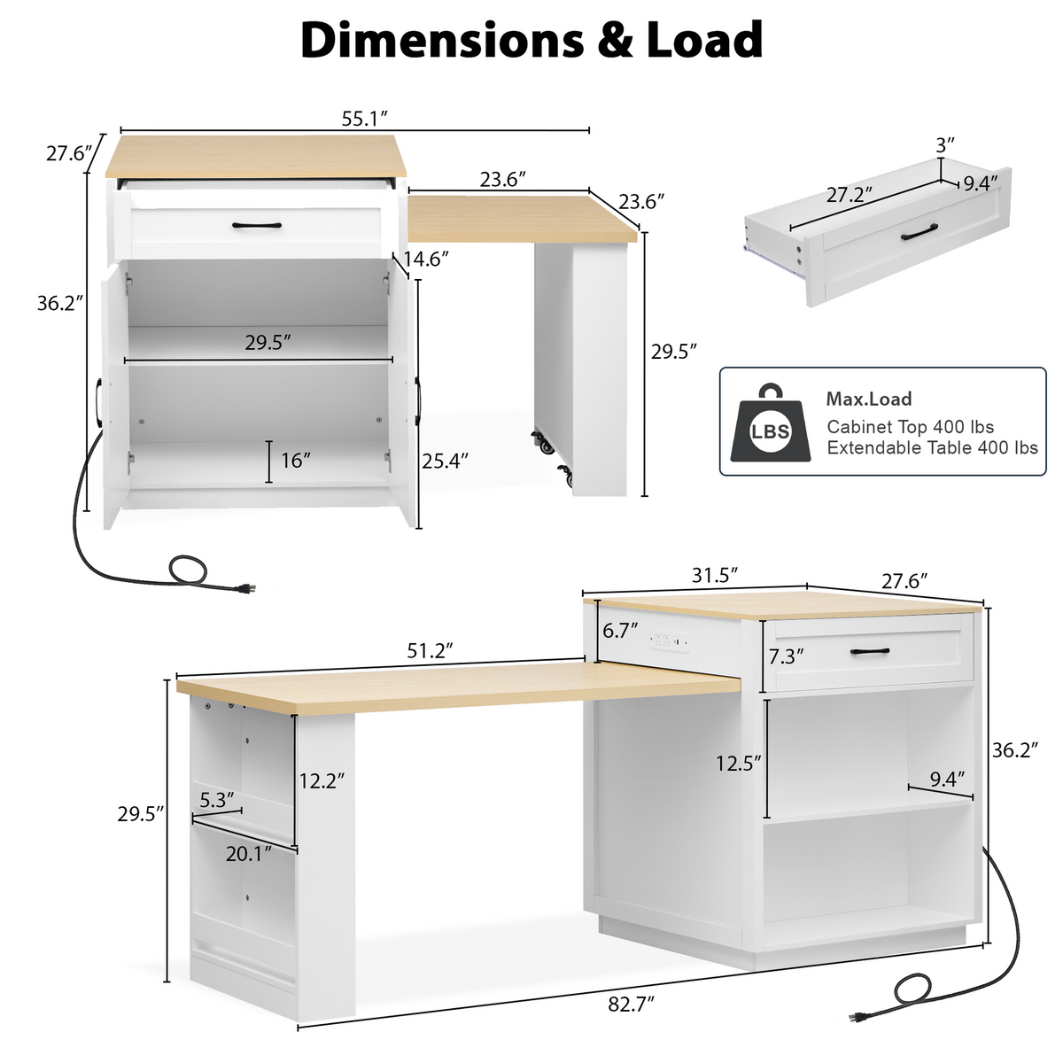 K&K 82.7 inch Kitchen Island with Extendable Dining Table for 4-6 Person,Two-tone Kitchen Table with Double-sized Storage, Power Outlet, Kitchen island with Storage 2 Drawers 2 Side Open Shelves,White