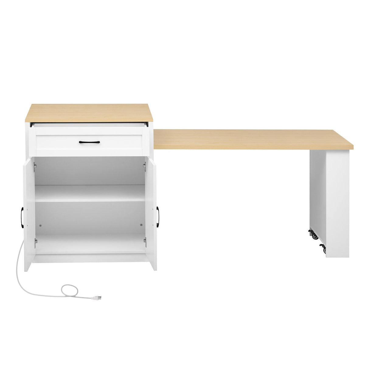 K&K 82.7 inch Kitchen Island with Extendable Dining Table for 4-6 Person,Two-tone Kitchen Table with Double-sized Storage, Power Outlet, Kitchen island with Storage 2 Drawers 2 Side Open Shelves,White