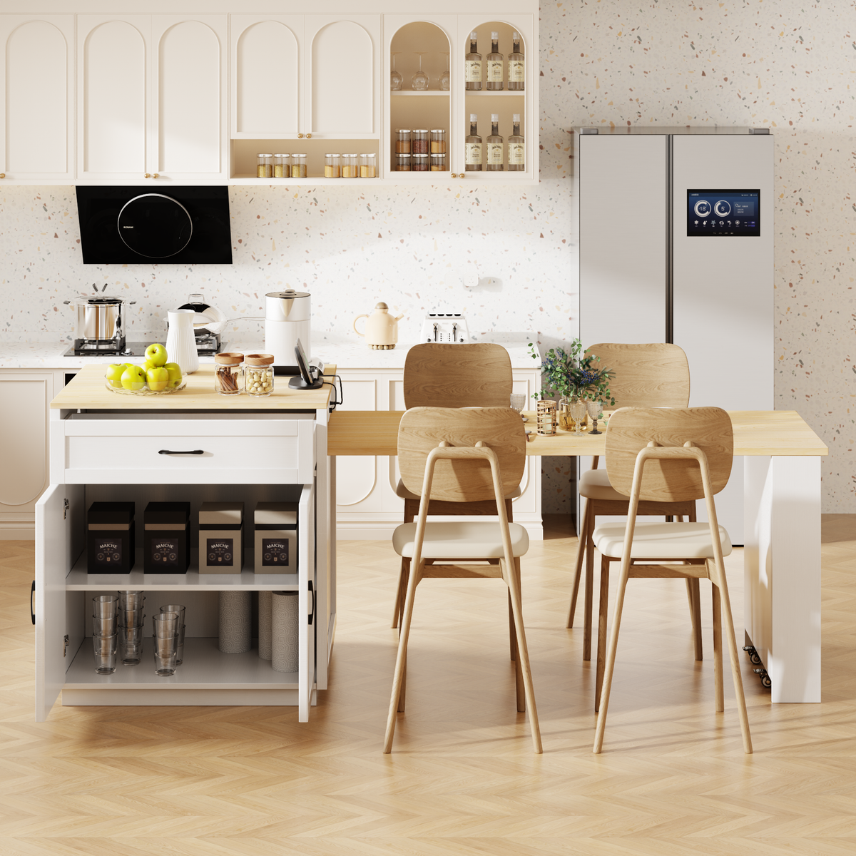K&K 82.7 inch Kitchen Island with Extendable Dining Table for 4-6 Person,Two-tone Kitchen Table with Double-sized Storage, Power Outlet, Kitchen island with Storage 2 Drawers 2 Side Open Shelves,White