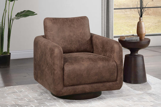 Gorgeous Walnut Color Leather Like Fabric 1pc Swivel Accent Chair Upholstered Living Room Chair Wooden Base